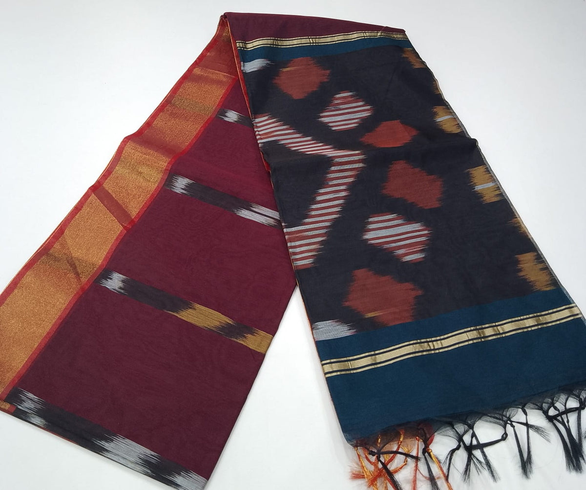 Cotton Silk Pochampally Wine Maroon & Teal Blue Ikat Saree