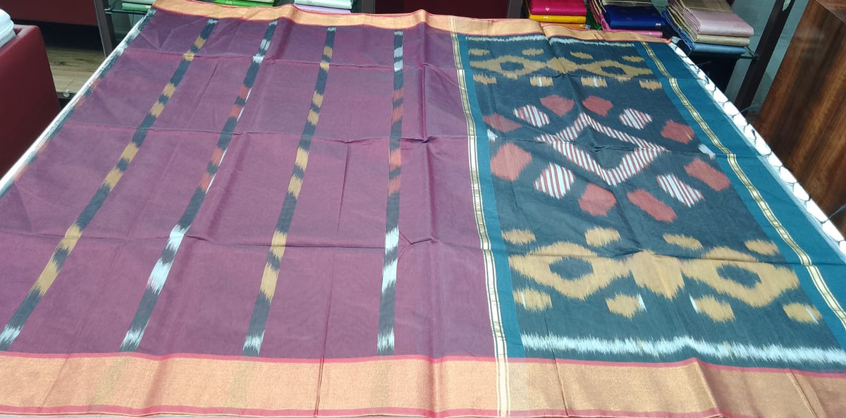 Cotton Silk Pochampally Wine Maroon & Teal Blue Ikat Saree