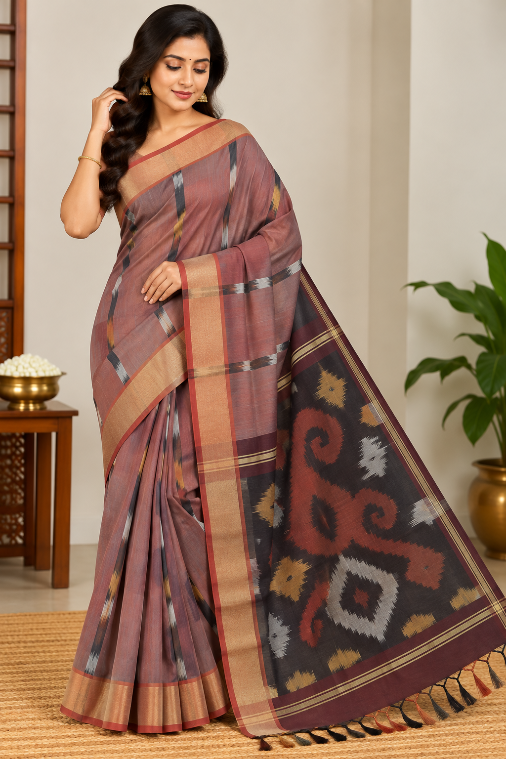 Muted Rosewood Cotton Silk Pochampally Saree with Charcoal Ikat Pallu