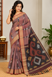 Muted Rosewood Cotton Silk Pochampally Saree with Charcoal Ikat Pallu