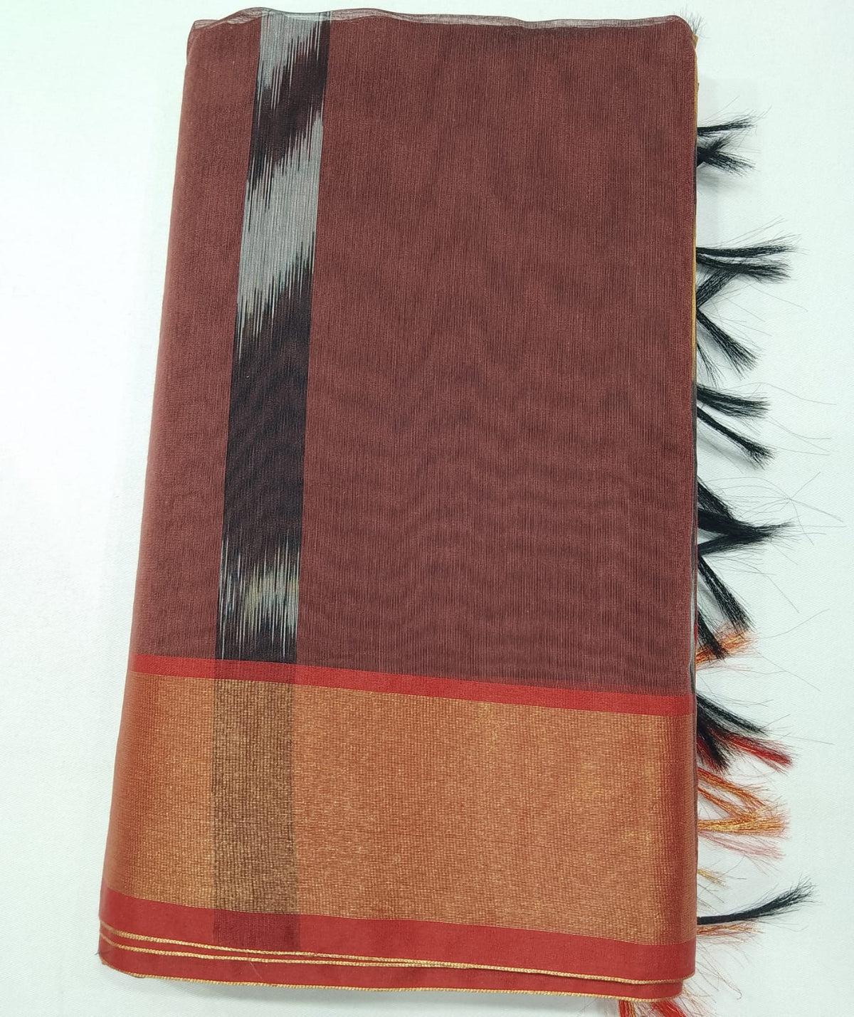 Muted Rosewood Cotton Silk Pochampally Saree with Charcoal Ikat Pallu
