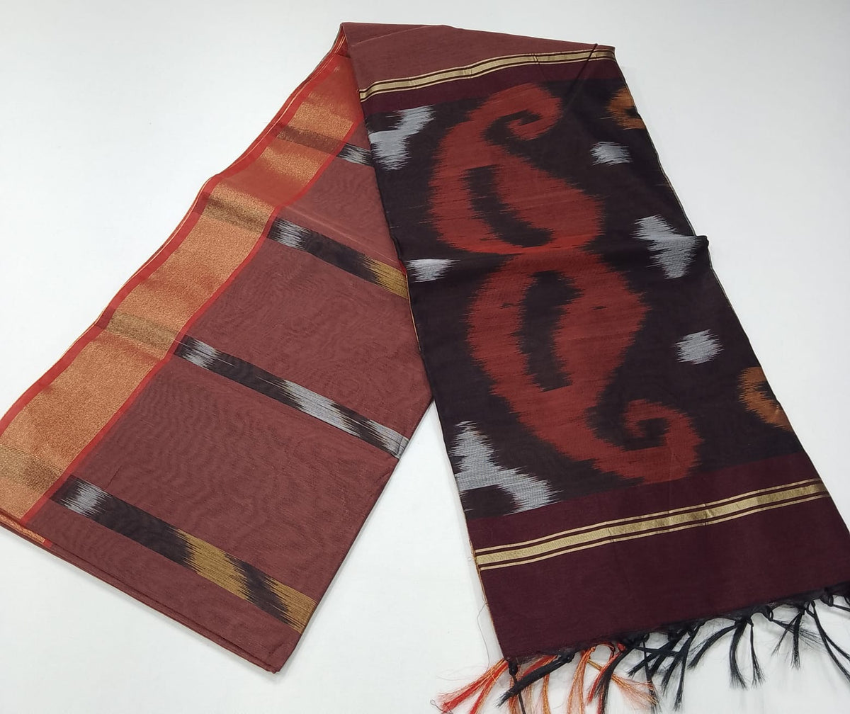 Muted Rosewood Cotton Silk Pochampally Saree with Charcoal Ikat Pallu