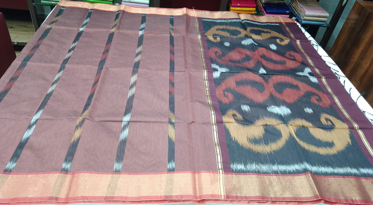 Muted Rosewood Cotton Silk Pochampally Saree with Charcoal Ikat Pallu
