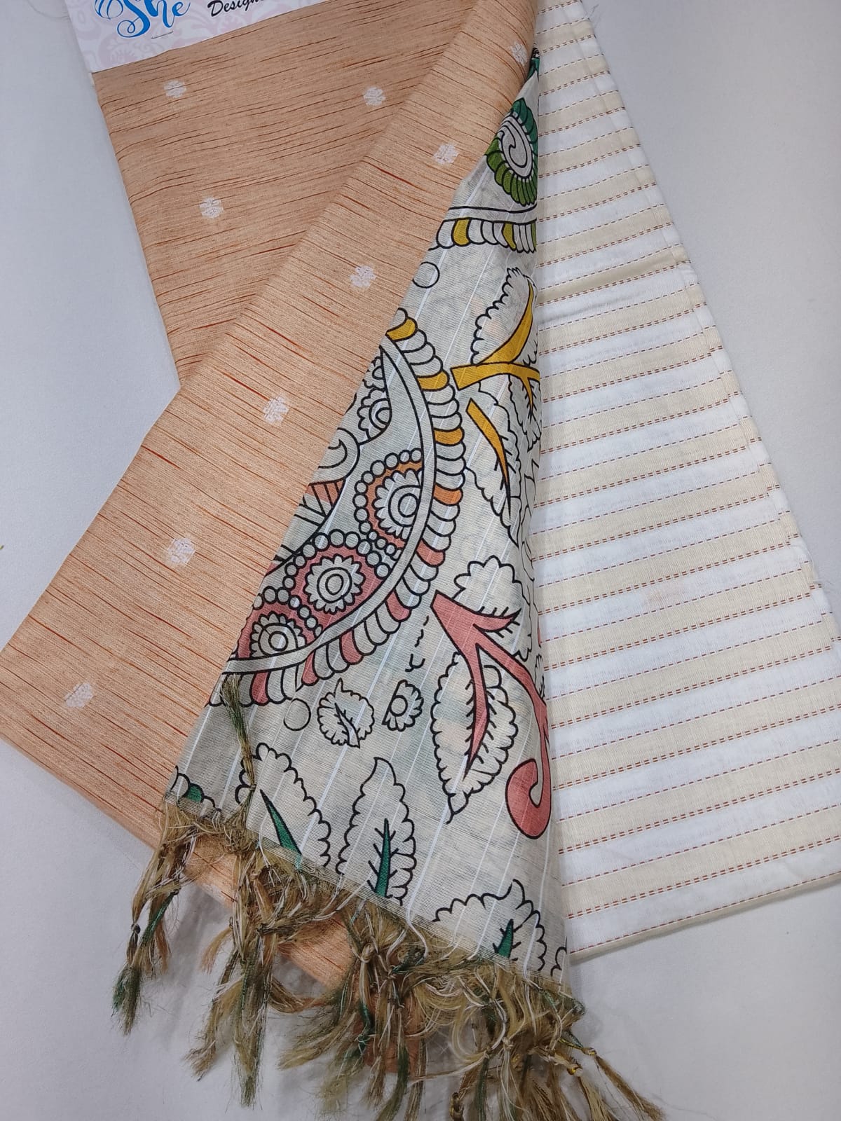 Peach Beige Cotton Silk Unstitched Salwar Suit with Kalamkari Dupatta