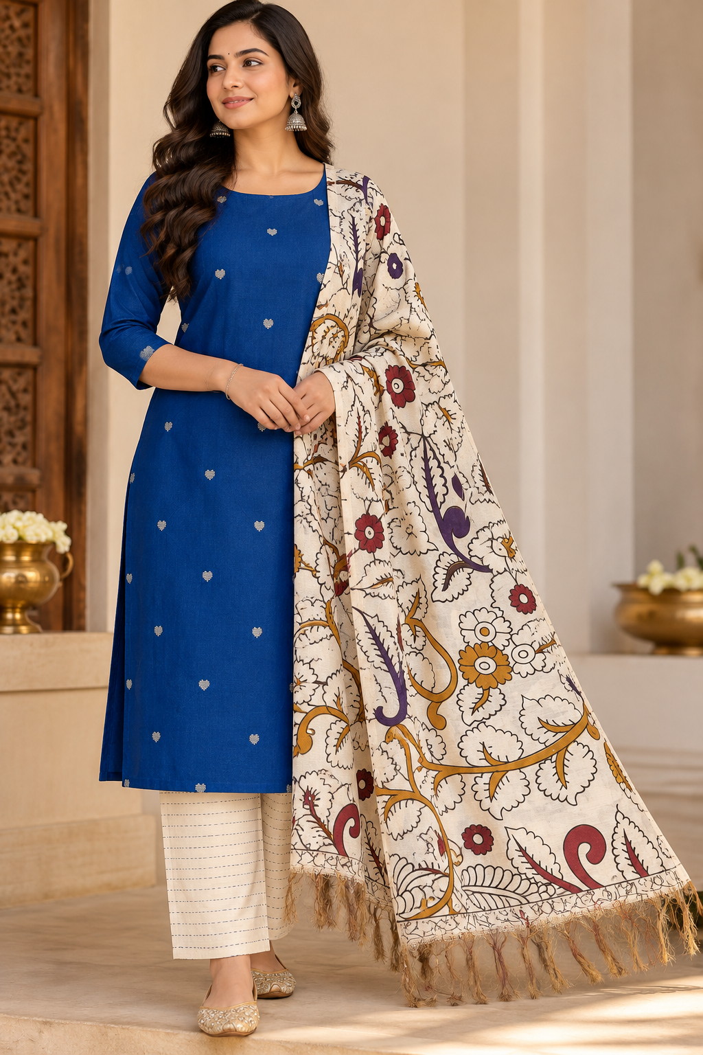 Royal Blue Cotton Silk Unstitched Salwar Suit with Kalamkari Dupatta
