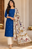 Royal Blue Cotton Silk Unstitched Salwar Suit with Kalamkari Dupatta