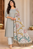 Sage Grey Cotton Silk Unstitched Salwar Suit with Kalamkari Dupatta