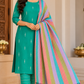 Emerald Teal Green Cotton Silk Unstitched Salwar Suit with Multicolour Striped Dupatta