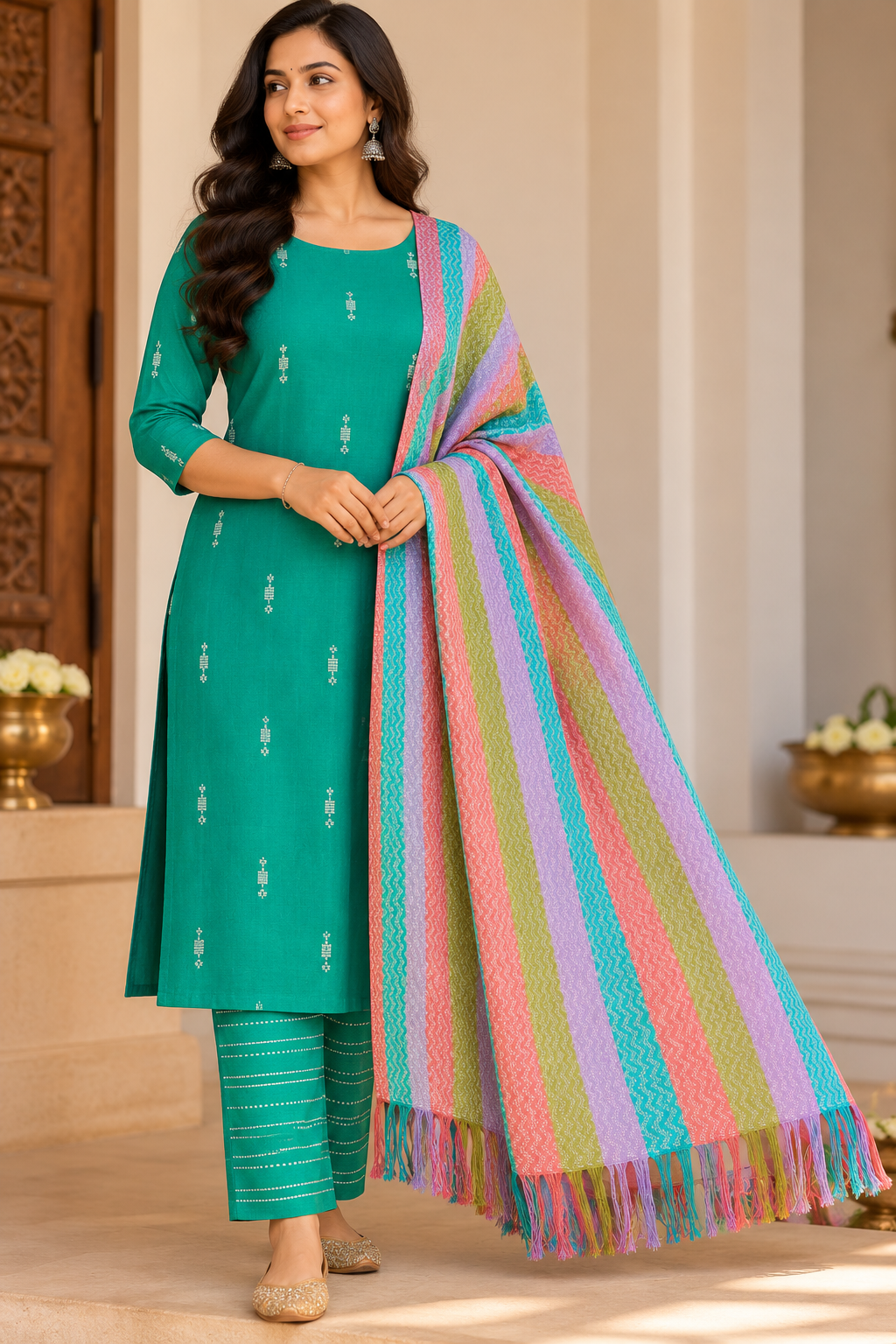 Emerald Teal Green Cotton Silk Unstitched Salwar Suit with Multicolour Striped Dupatta