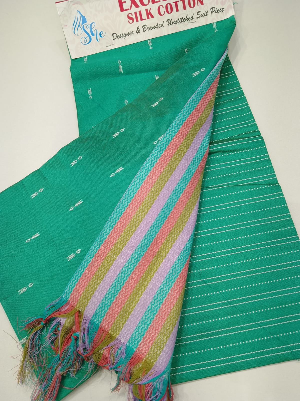 Emerald Teal Green Cotton Silk Unstitched Salwar Suit with Multicolour Striped Dupatta