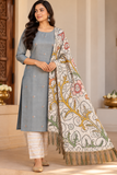 Steel Grey Cotton Silk Unstitched Salwar Suit with Kalamkari Dupatta