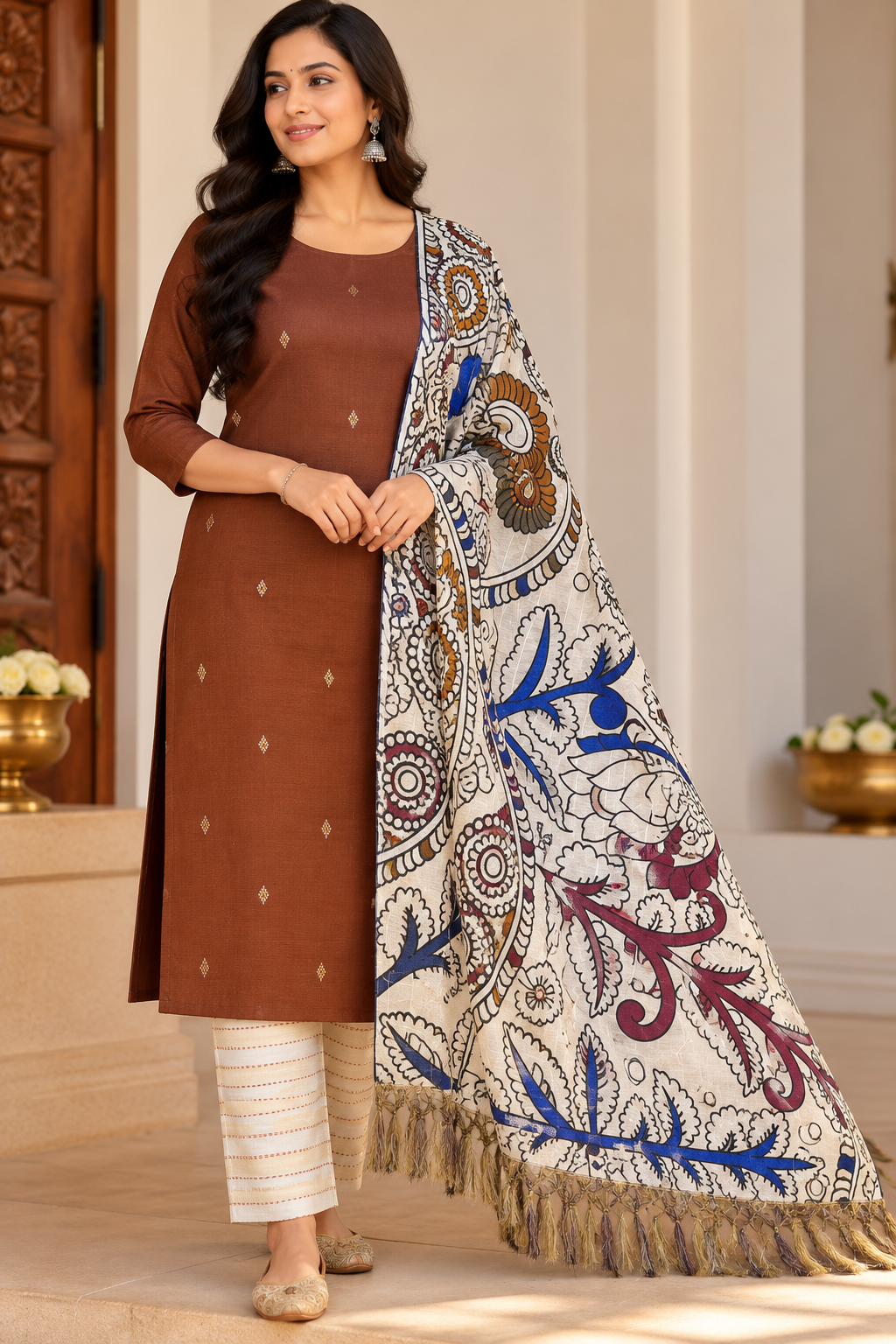 Rust Brown Cotton Silk Unstitched Salwar Suit with Kalamkari Dupatta