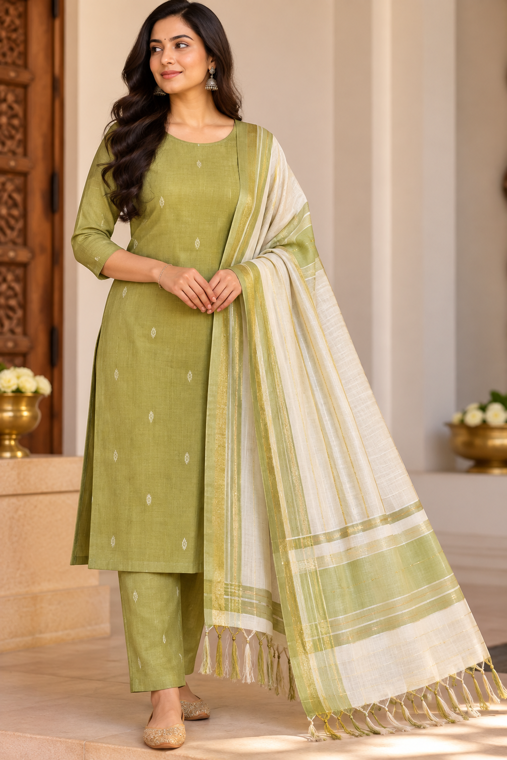 Olive Green Cotton Silk Unstitched Salwar Suit with Ivory Dupatta