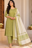 Olive Green Cotton Silk Unstitched Salwar Suit with Ivory Dupatta