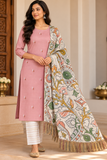 Dusty Rose Pink Cotton Silk Unstitched Salwar Suit with Kalamkari Dupatta