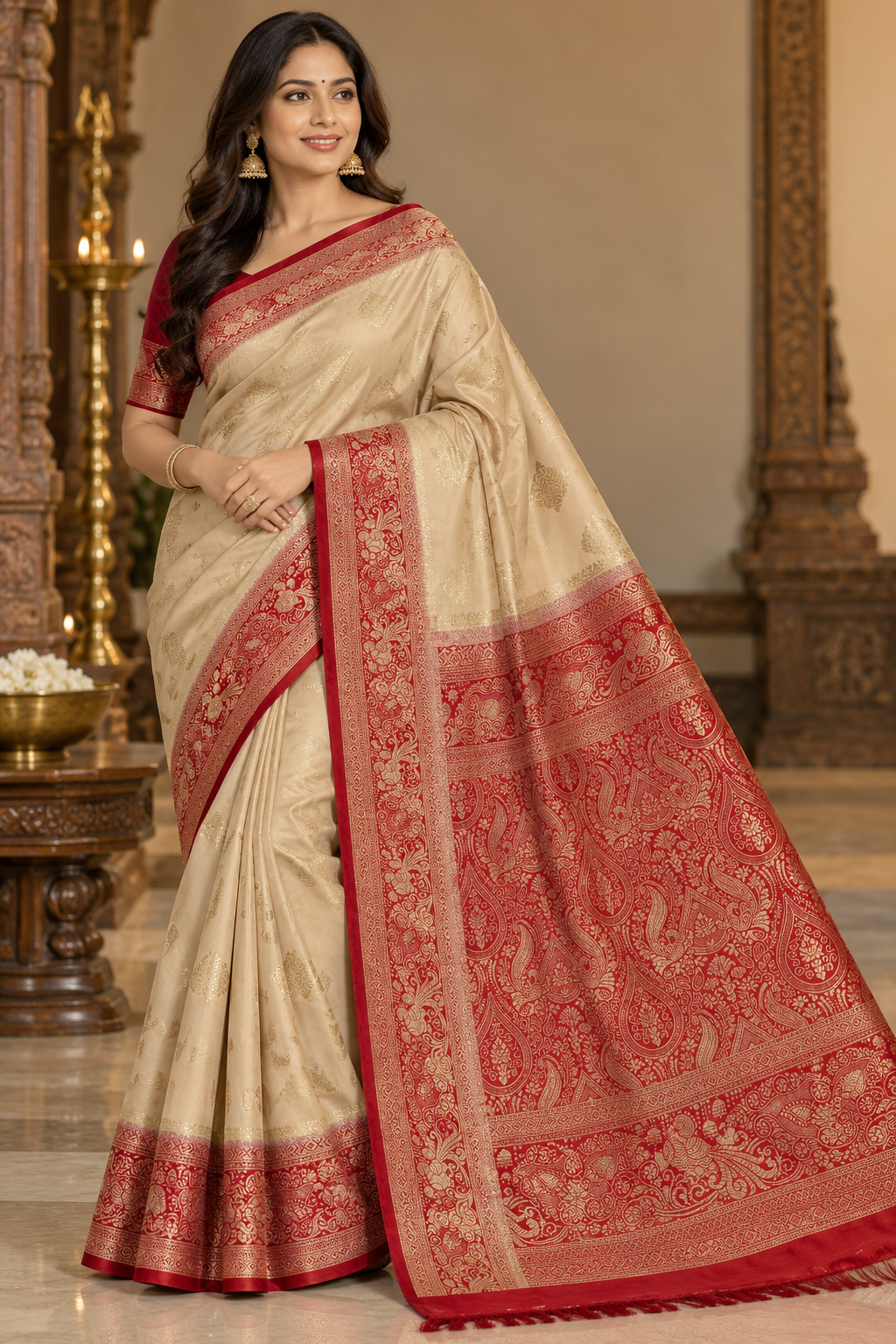 Champagne Beige Semi Silk Saree with Intricate Maroon Paisley Zari Border