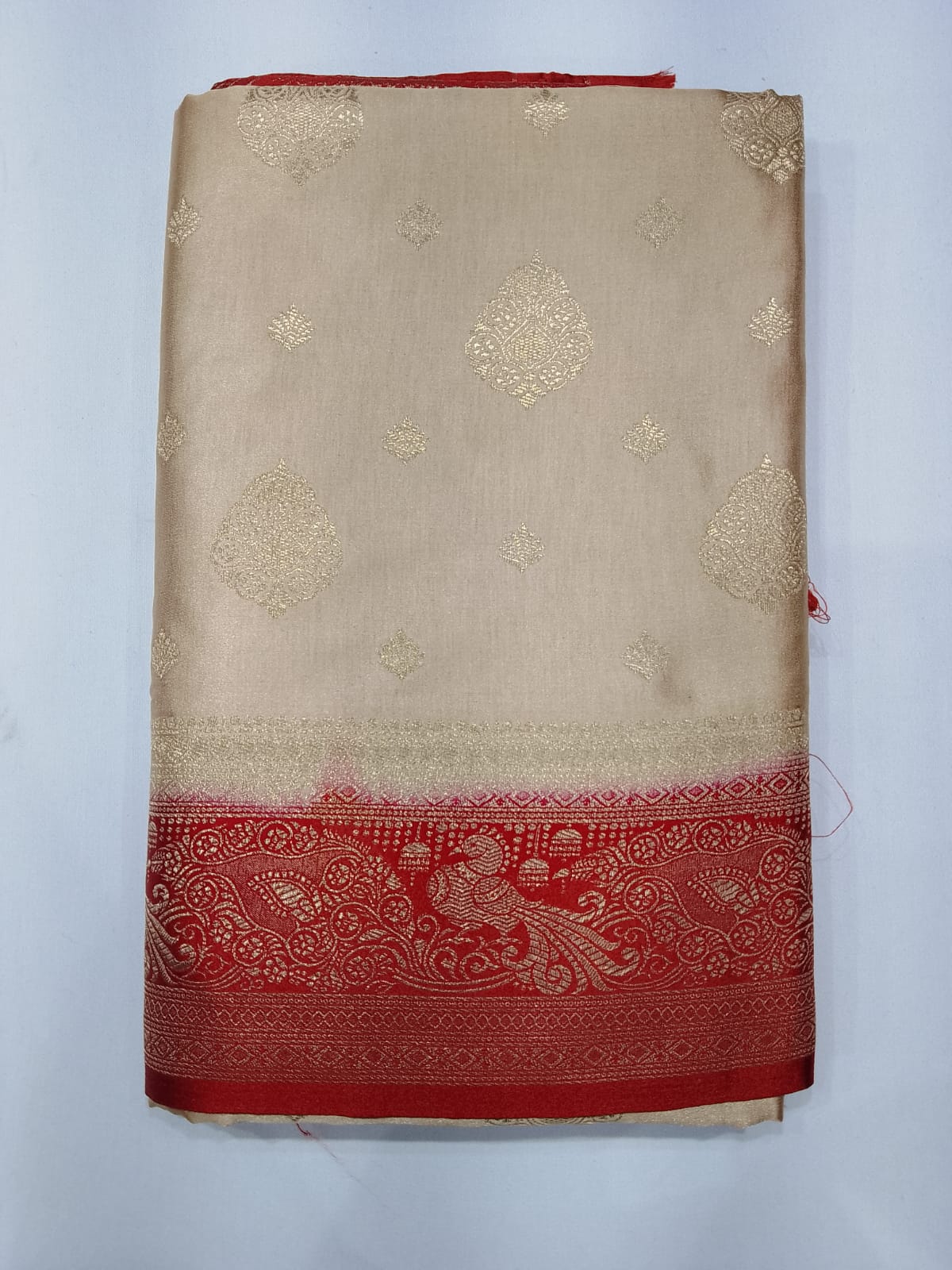 Champagne Beige Semi Silk Saree with Intricate Maroon Paisley Zari Border