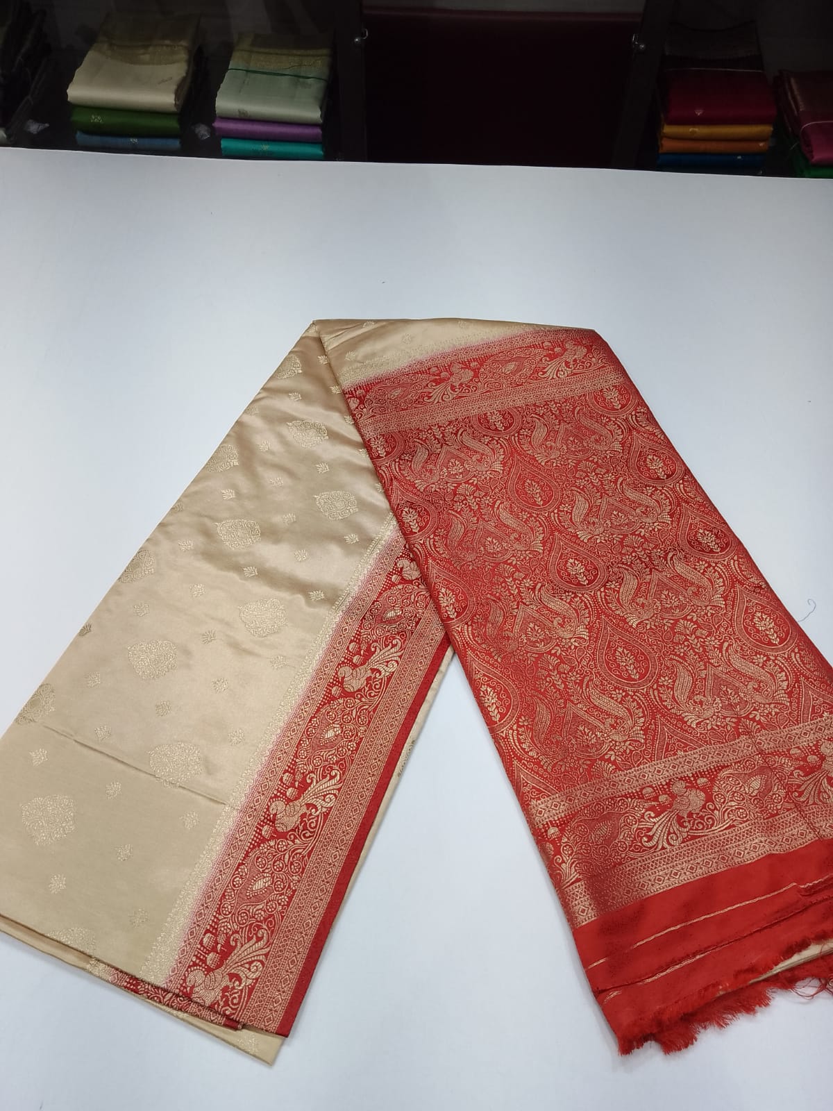Champagne Beige Semi Silk Saree with Intricate Maroon Paisley Zari Border