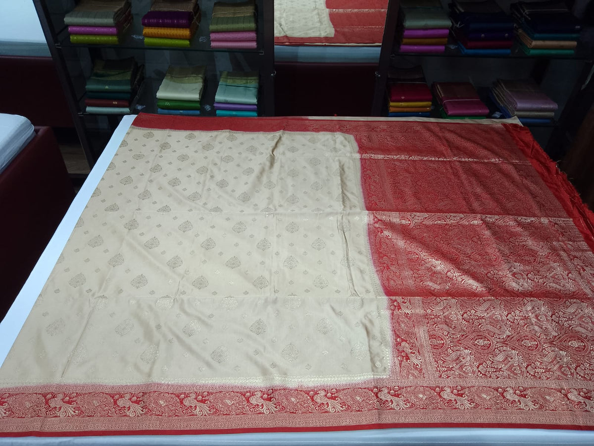 Champagne Beige Semi Silk Saree with Intricate Maroon Paisley Zari Border