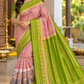 Blush Pink & Parrot Green Semi Mysore Silk Digital Print Saree with Peacock Motif