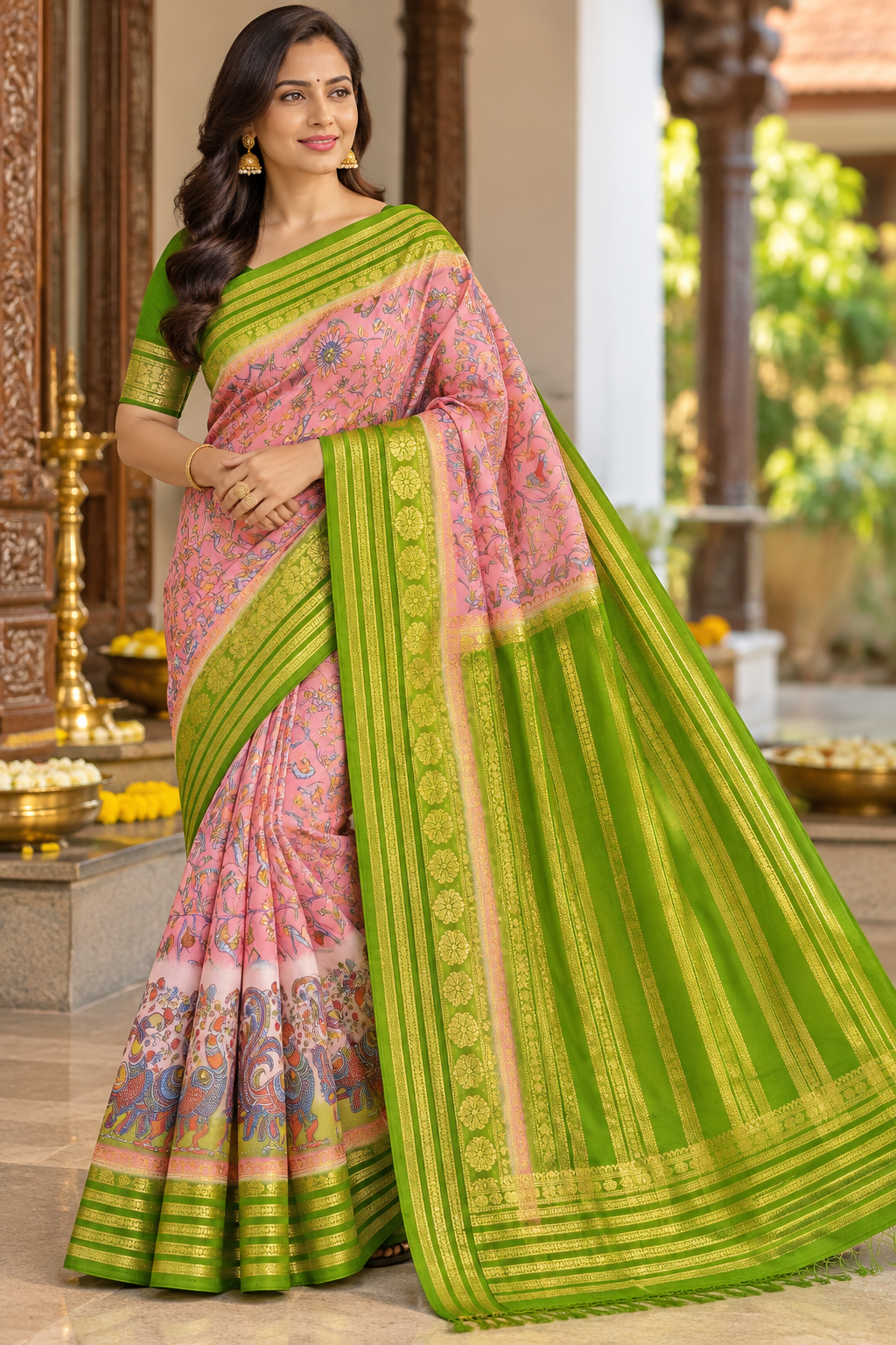 Blush Pink & Parrot Green Semi Mysore Silk Digital Print Saree with Peacock Motif