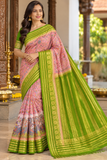 Blush Pink & Parrot Green Semi Mysore Silk Digital Print Saree with Peacock Motif