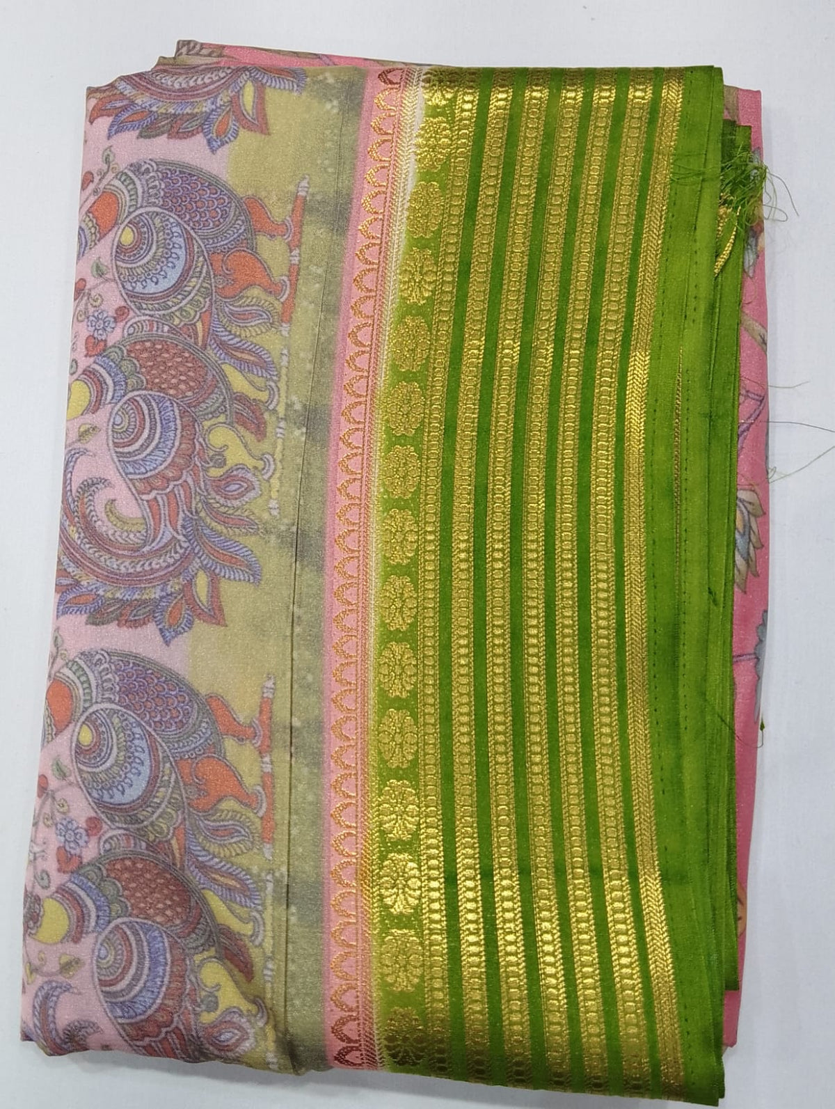 Blush Pink & Parrot Green Semi Mysore Silk Digital Print Saree with Peacock Motif