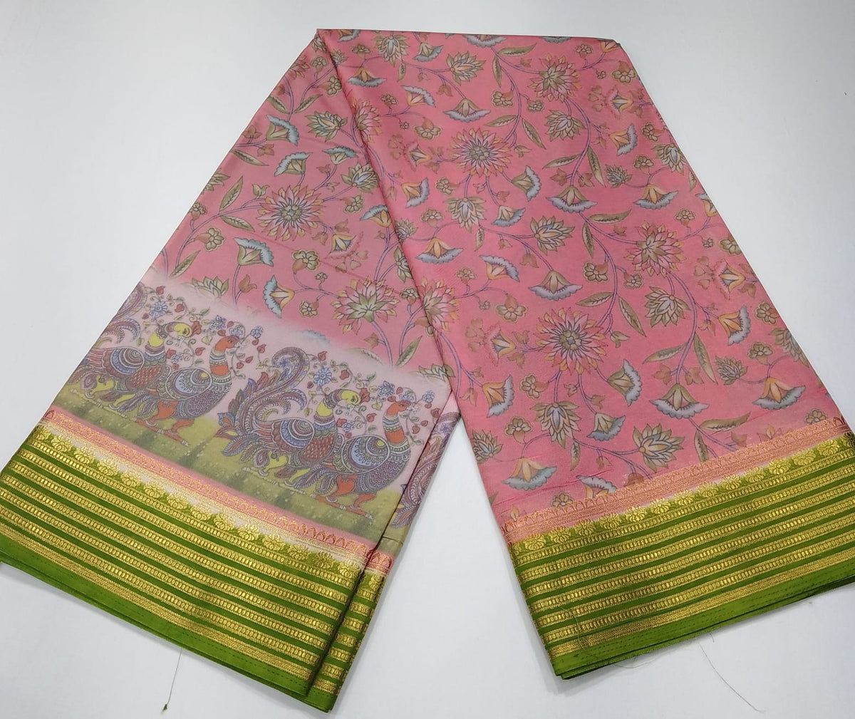Blush Pink & Parrot Green Semi Mysore Silk Digital Print Saree with Peacock Motif