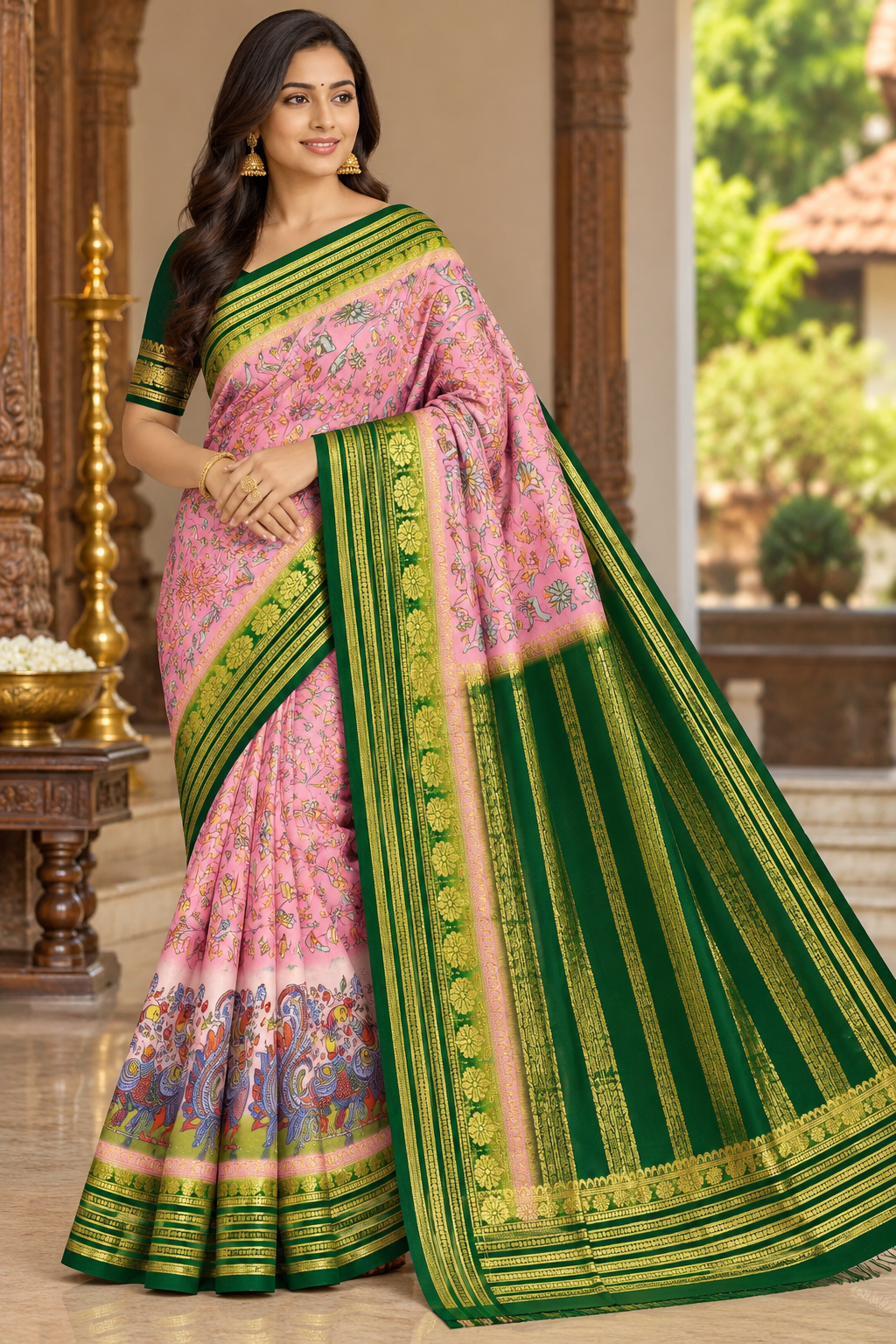 Blush Pink & Deep Bottle Green Semi Mysore Silk Digital Print Saree with Peacock Motifs