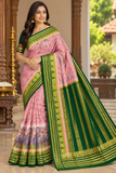 Blush Pink & Deep Bottle Green Semi Mysore Silk Digital Print Saree with Peacock Motifs