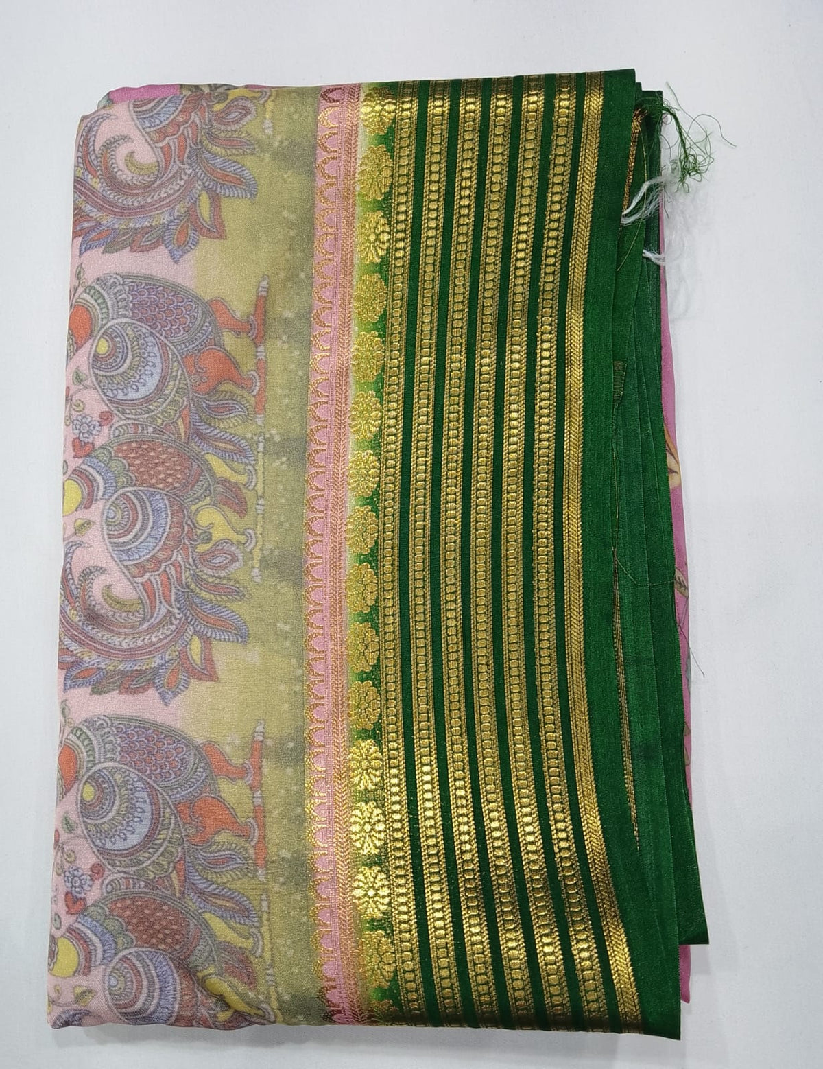 Blush Pink & Deep Bottle Green Semi Mysore Silk Digital Print Saree with Peacock Motifs