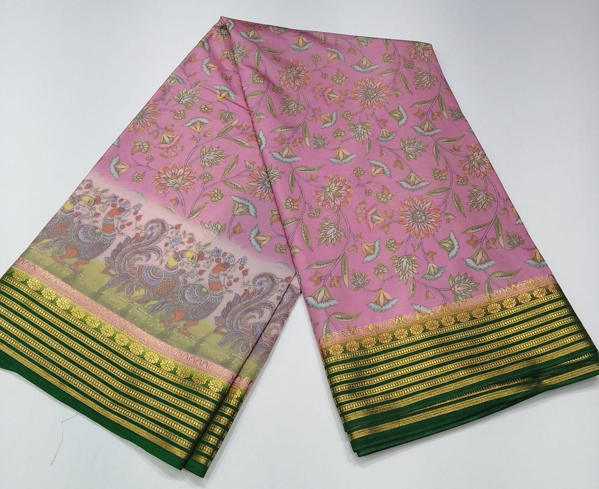 Blush Pink & Deep Bottle Green Semi Mysore Silk Digital Print Saree with Peacock Motifs