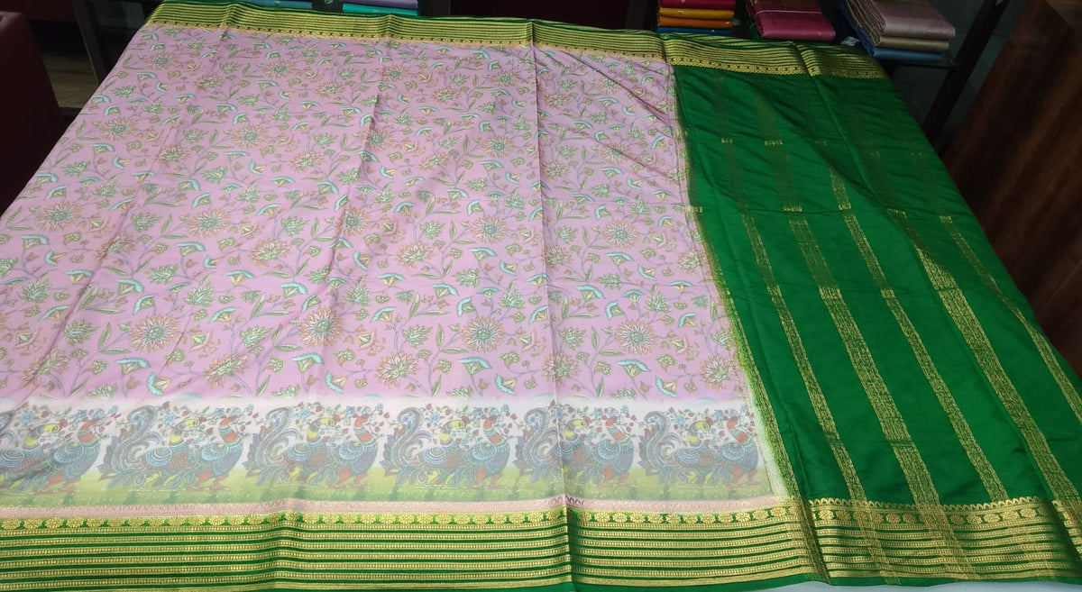 Blush Pink & Deep Bottle Green Semi Mysore Silk Digital Print Saree with Peacock Motifs