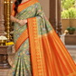 Sage Green & Orange Semi Mysore Silk Digital Print Saree with Floral Medallion Motifs