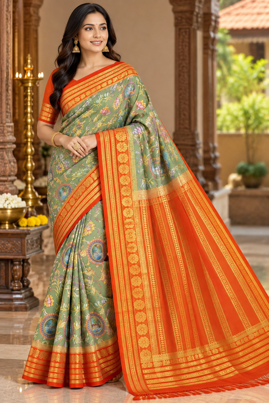 Sage Green & Orange Semi Mysore Silk Digital Print Saree with Floral Medallion Motifs
