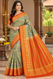 Sage Green & Orange Semi Mysore Silk Digital Print Saree with Floral Medallion Motifs