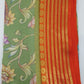 Sage Green & Orange Semi Mysore Silk Digital Print Saree with Floral Medallion Motifs