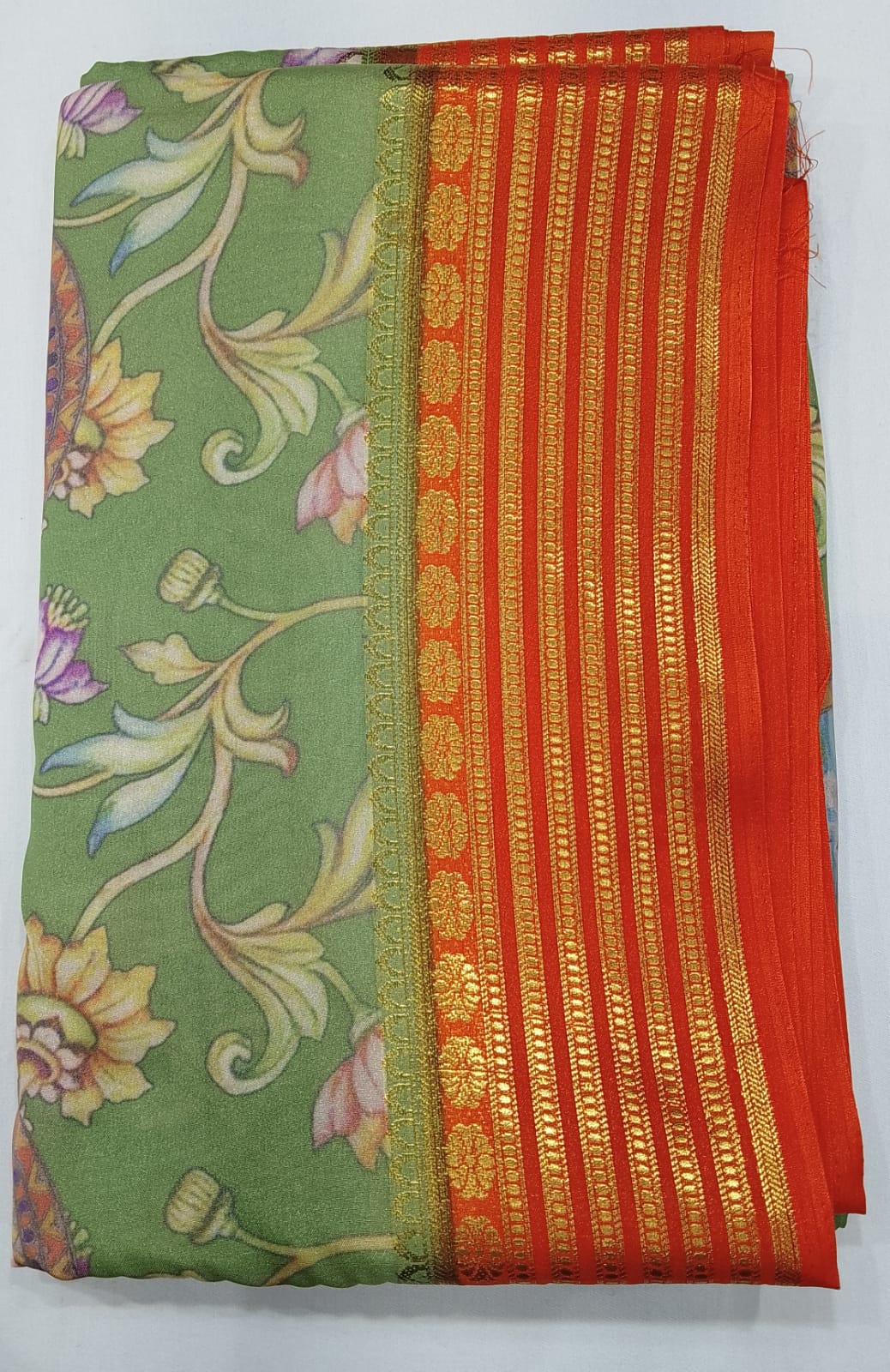 Sage Green & Orange Semi Mysore Silk Digital Print Saree with Floral Medallion Motifs