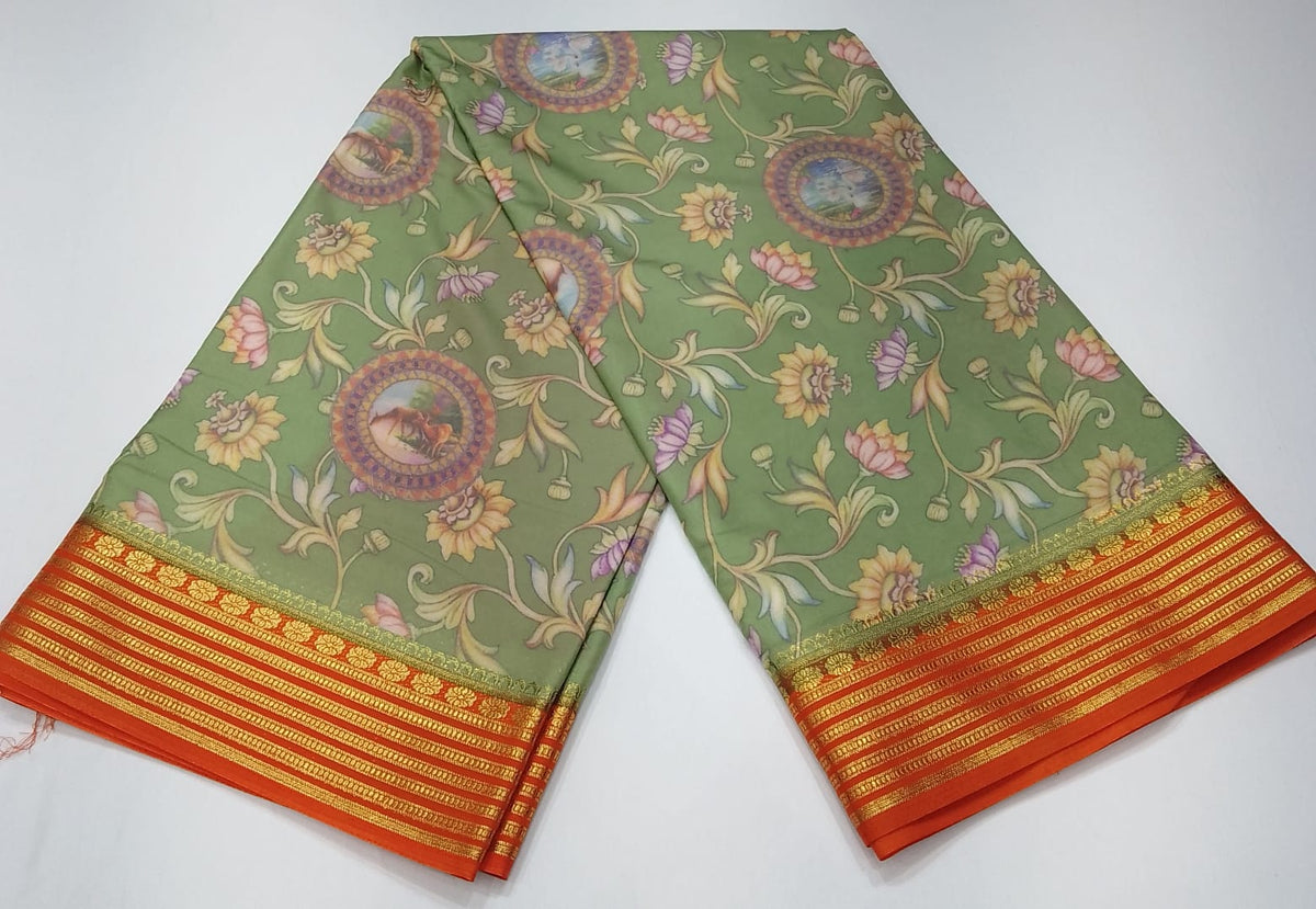 Sage Green & Orange Semi Mysore Silk Digital Print Saree with Floral Medallion Motifs