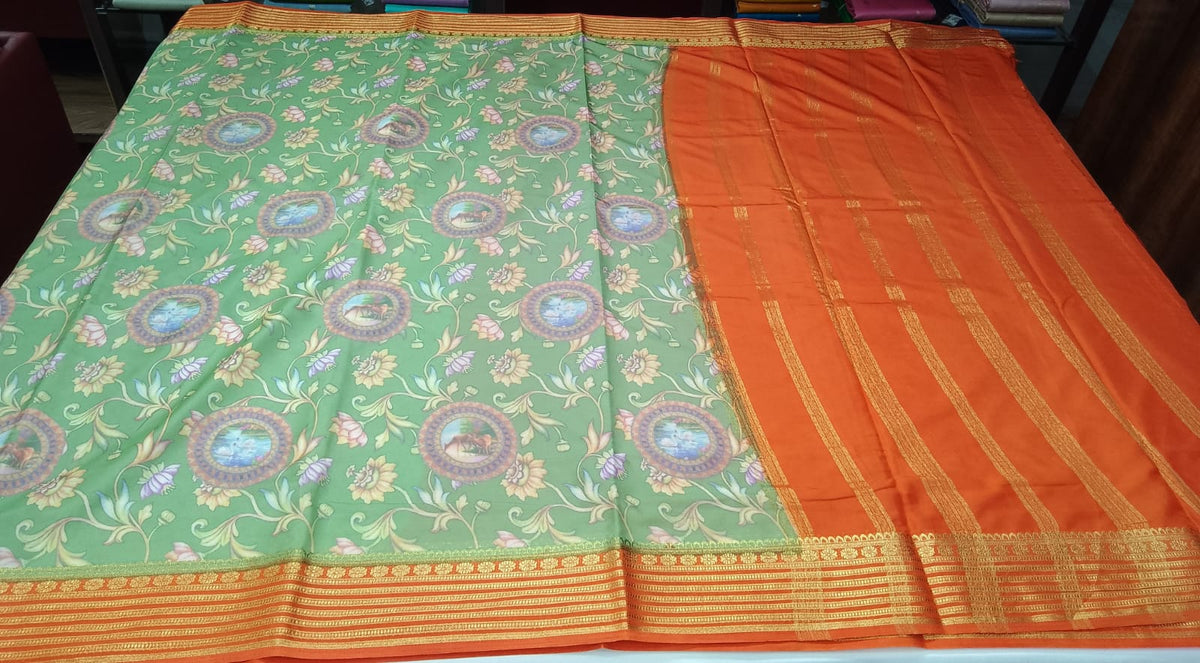 Sage Green & Orange Semi Mysore Silk Digital Print Saree with Floral Medallion Motifs