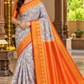 Lavender Grey & Orange Semi Mysore Silk Digital Print Saree with Floral Print