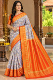 Lavender Grey & Orange Semi Mysore Silk Digital Print Saree with Floral Print