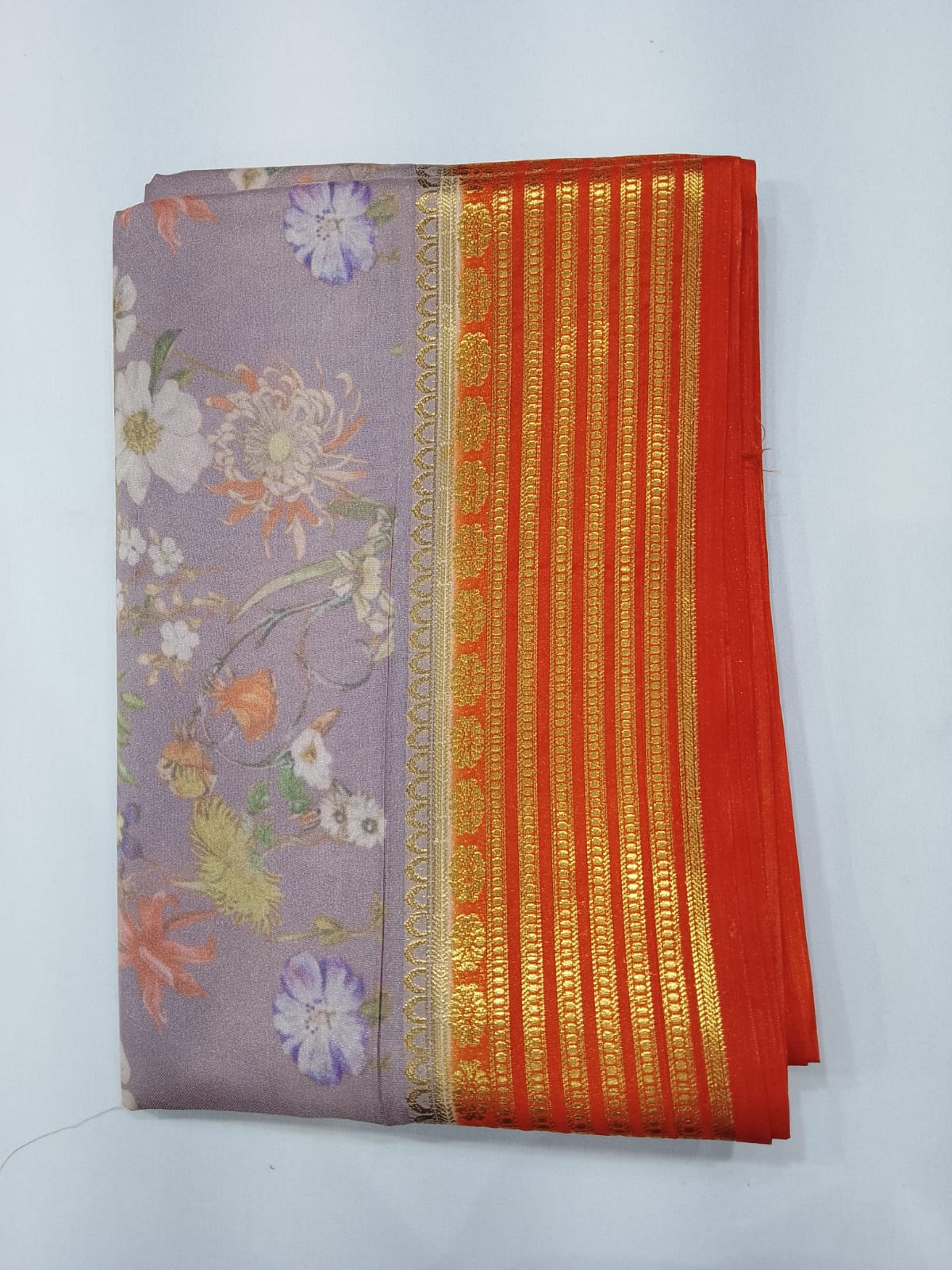 Lavender Grey & Orange Semi Mysore Silk Digital Print Saree with Floral Print