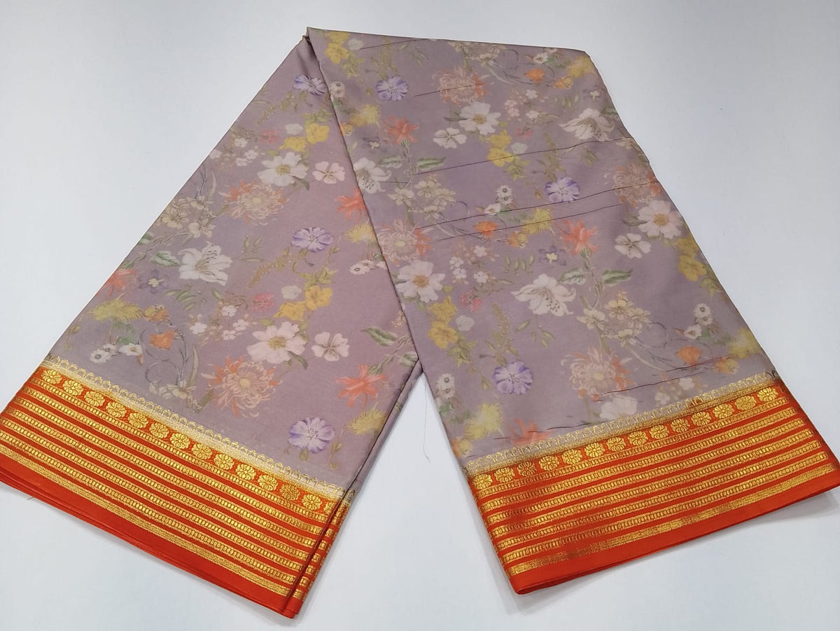 Lavender Grey & Orange Semi Mysore Silk Digital Print Saree with Floral Print