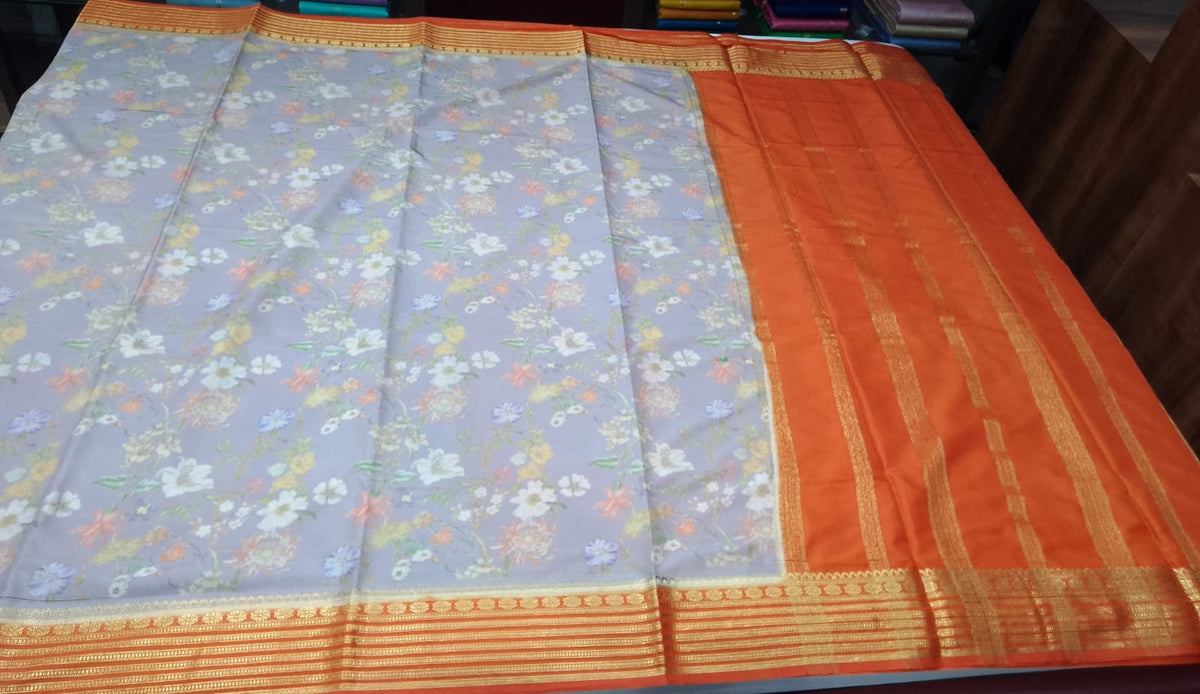 Lavender Grey & Orange Semi Mysore Silk Digital Print Saree with Floral Print