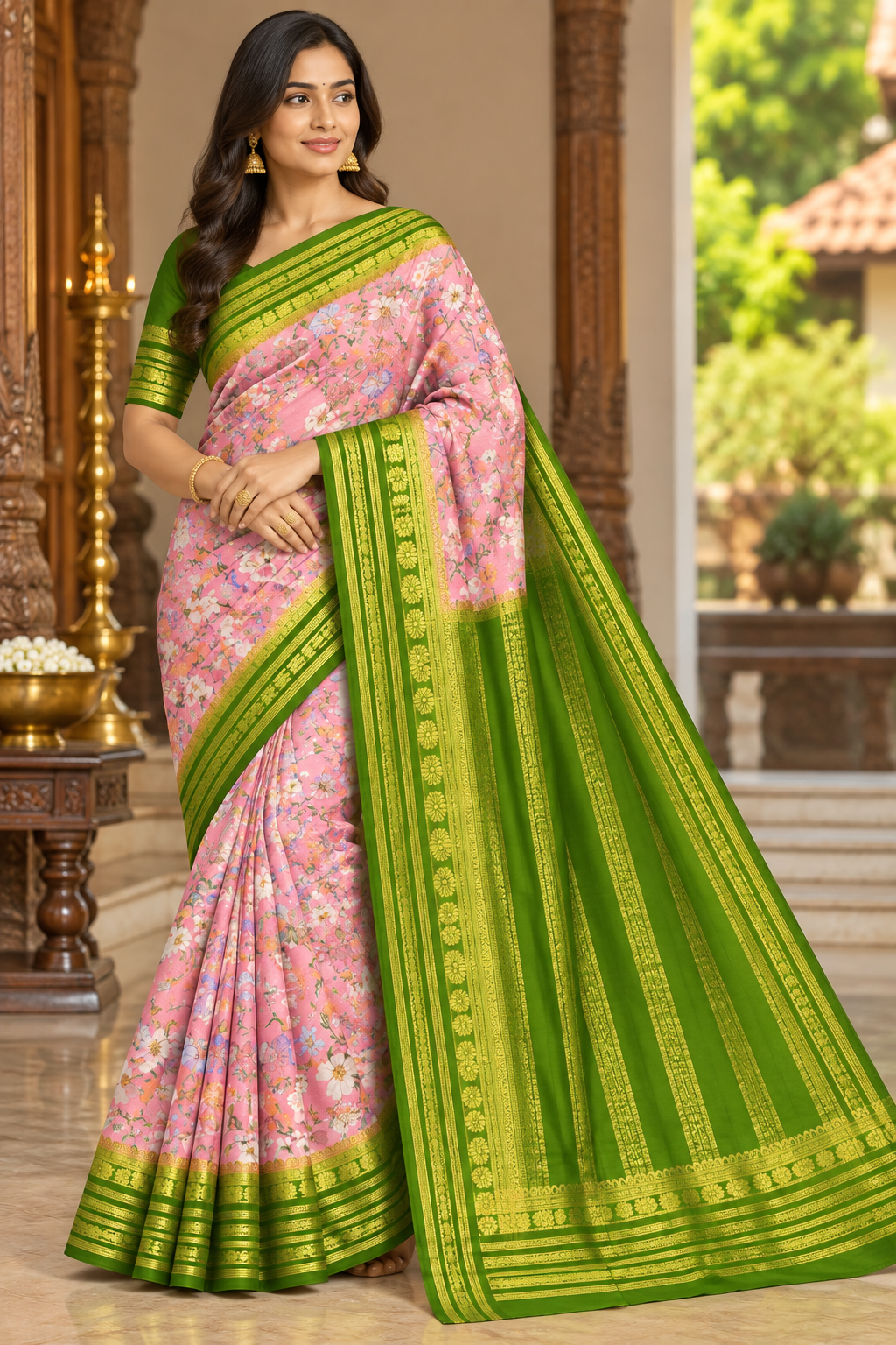 Blush Pink & Parrot Green Semi Mysore Silk Digital Print Saree