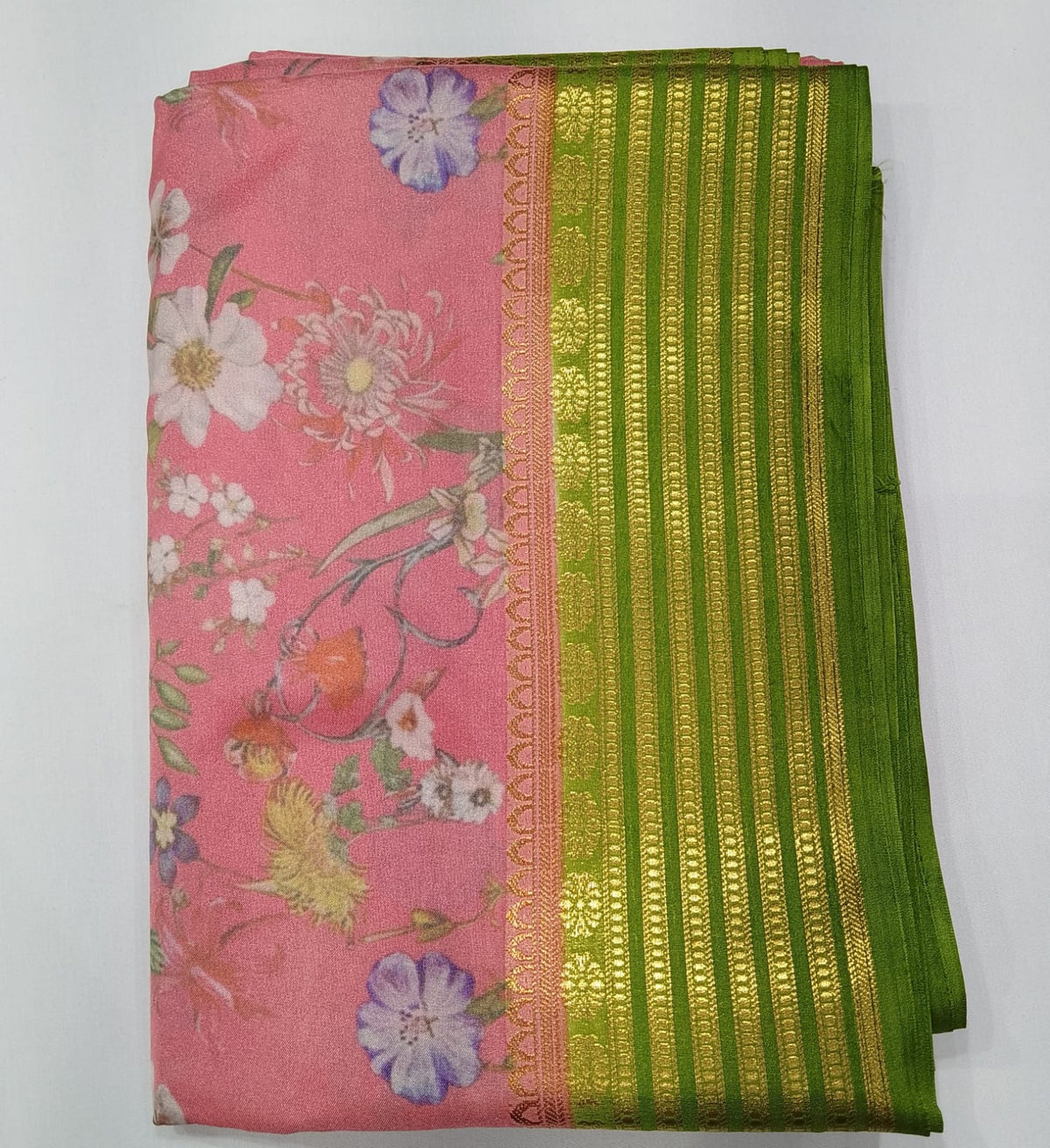 Blush Pink & Parrot Green Semi Mysore Silk Digital Print Saree