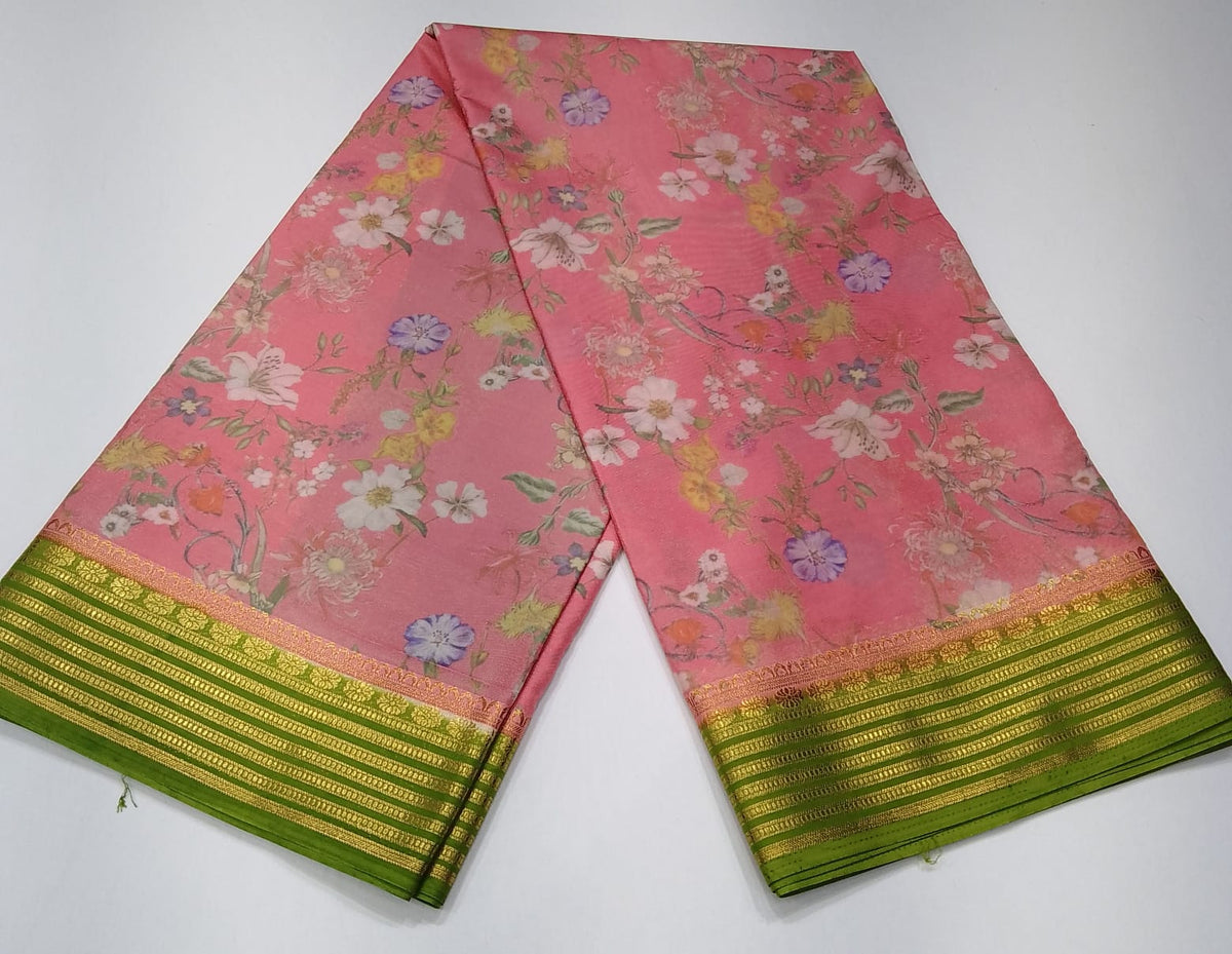 Blush Pink & Parrot Green Semi Mysore Silk Digital Print Saree