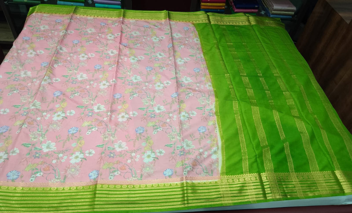Blush Pink & Parrot Green Semi Mysore Silk Digital Print Saree