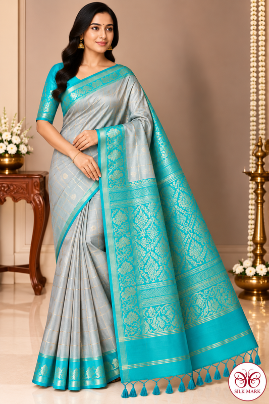 Pure Handloom Soft Silk Saree – Silver Grey & Turquoise Blue with Gold Checks and Floral Pallu